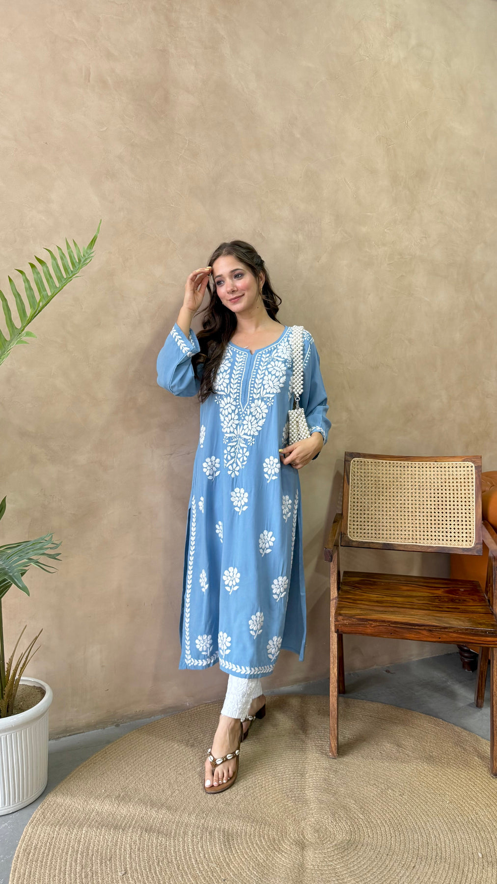 RANJHA POWDER BLUE PREMIUM RAYON CHIKANKARI LONG KURTA