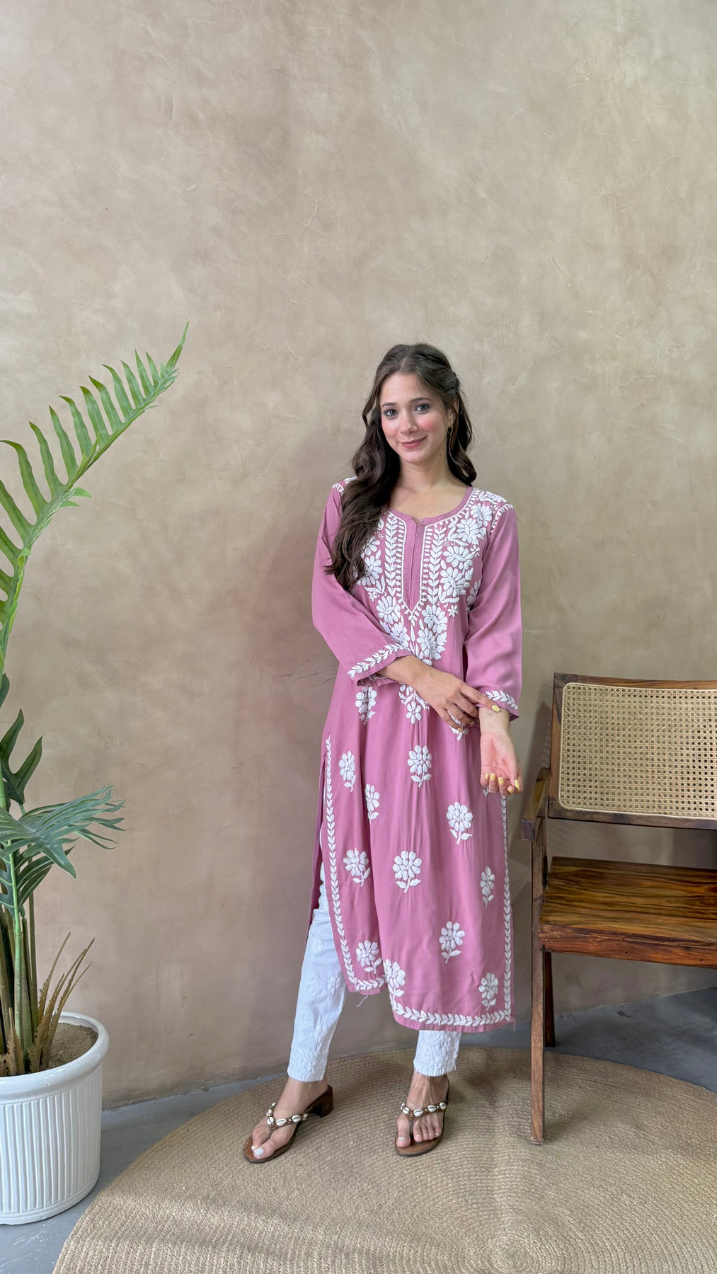 RANJHA DUSTY PURPLE PREMIUM RAYON CHIKANKARI LONG KURTA