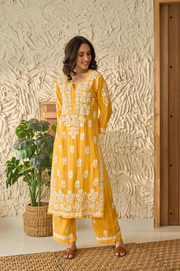 SHIZA YELLOW MODAL CHIKANKARI KURTA PALAZZO SET