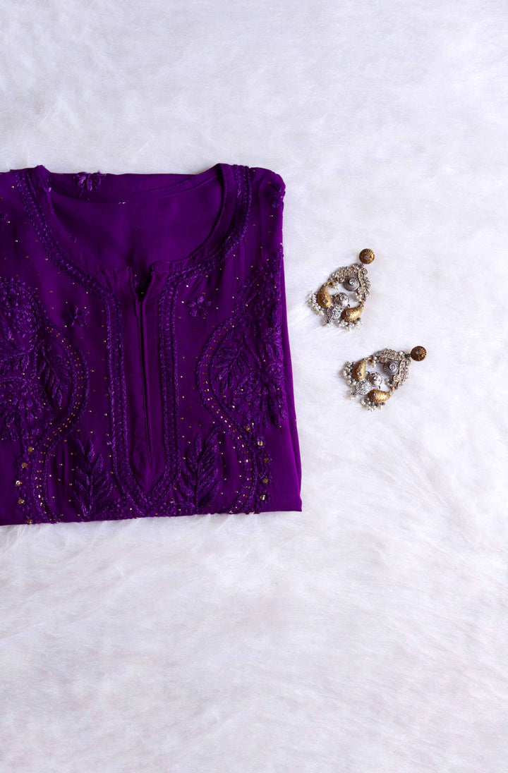 NAIDA CHIKANKARI PURPLE RAYON MUKAISH STRAIGHT KURTA - Ethnic Naari