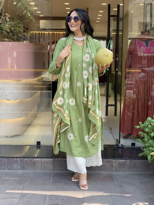 GARGI GREEN PREMIUM MUL COTTON EMBROIDERED SUIT SET