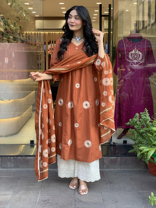 GARGI ORANGE PREMIUM MUL COTTON EMBROIDERED SUIT SET
