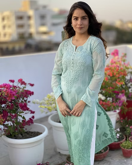 KULSUM SEA GREEN PREMIUM VISCOSE PURE HAND EMBROIDERED CHIKANKARI LONG KURTA