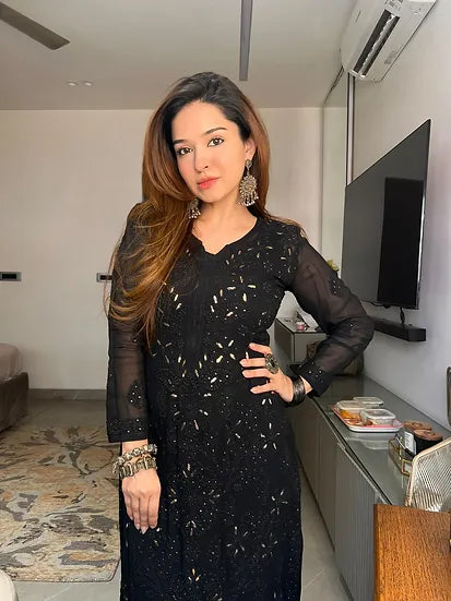 HEER BLACK PREMIUM VISCOSE PURE HAND EMBROIDERED CHIKANKARI LONG KURTA