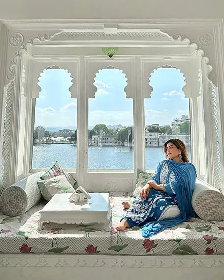 GULNAR BLUE PURE SATIN HAND EMBROIDERED A-LINE CHIKANKARI LONG KURTA+SHARARA+DUPPATTA SET