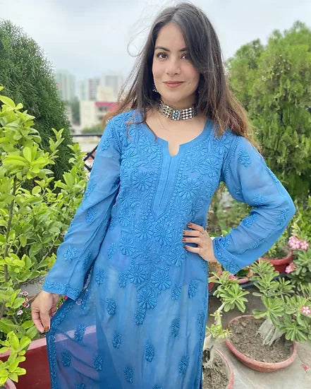 PARISHA BLUE PREMIUM VISCOSE PURE HAN EMBROIDERED CHIKANKARI LONG KURTA