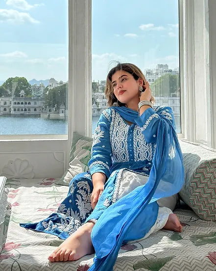 GULNAR BLUE PURE SATIN HAND EMBROIDERED A-LINE CHIKANKARI LONG KURTA+SHARARA+DUPPATTA SET