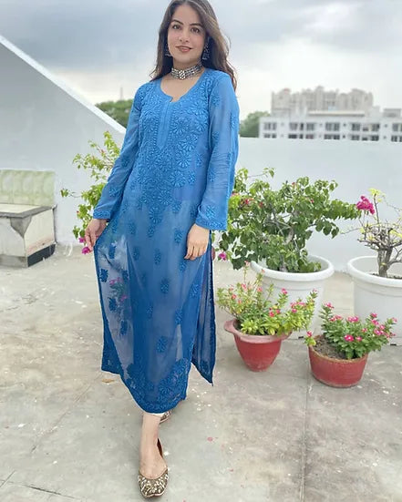 PARISHA BLUE PREMIUM VISCOSE PURE HAN EMBROIDERED CHIKANKARI LONG KURTA