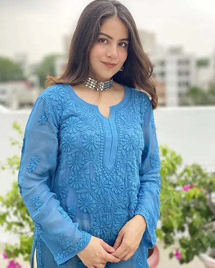 PARISHA BLUE PREMIUM VISCOSE PURE HAN EMBROIDERED CHIKANKARI LONG KURTA