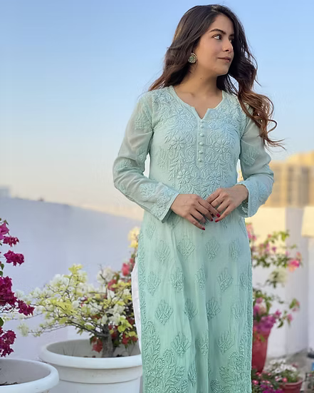 KULSUM SEA GREEN PREMIUM VISCOSE PURE HAND EMBROIDERED CHIKANKARI LONG KURTA