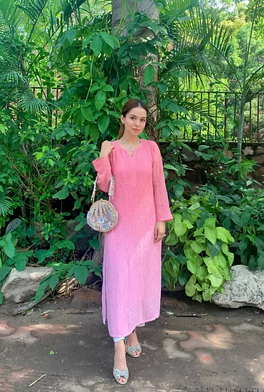 ALIA PEACH PREMIUM VISCOSE HAND EMBROIDERED FRONT JAAL CHIKANKARI LONG KURTA