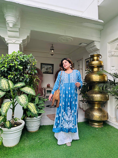 GULNAR BLUE PURE SATIN HAND EMBROIDERED A-LINE CHIKANKARI LONG KURTA+SHARARA+DUPPATTA SET
