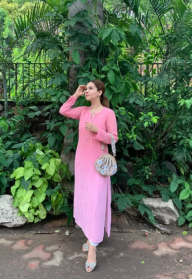 ALIA PEACH PREMIUM VISCOSE HAND EMBROIDERED FRONT JAAL CHIKANKARI LONG KURTA