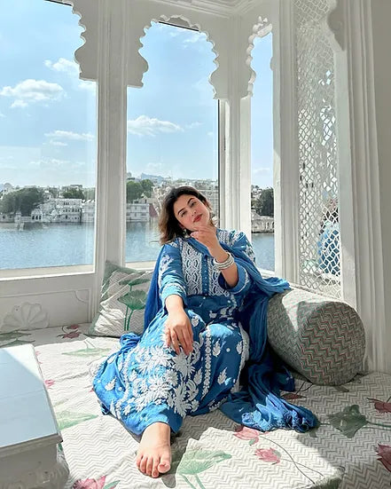 GULNAR BLUE PURE SATIN HAND EMBROIDERED A-LINE CHIKANKARI LONG KURTA+SHARARA+DUPPATTA SET