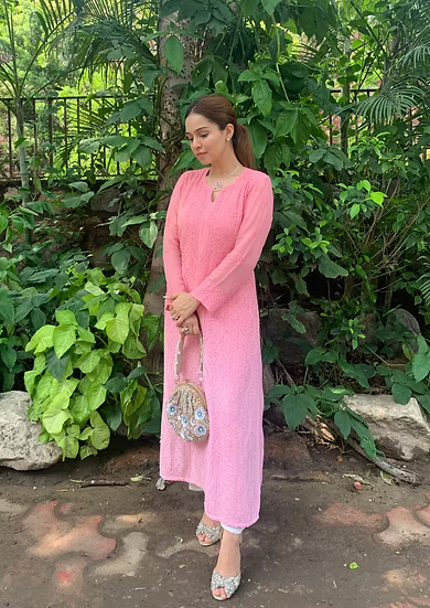 ALIA PEACH PREMIUM VISCOSE HAND EMBROIDERED FRONT JAAL CHIKANKARI LONG KURTA