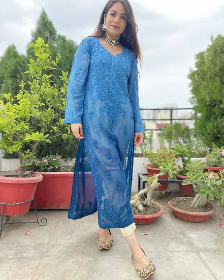 PARISHA BLUE PREMIUM VISCOSE PURE HAN EMBROIDERED CHIKANKARI LONG KURTA
