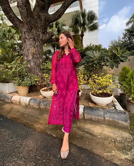AANIA DEEP PINK PREMIUM VISCOSE PURE HAND EMBROIDERED CHIKANKARI LONG KURTA