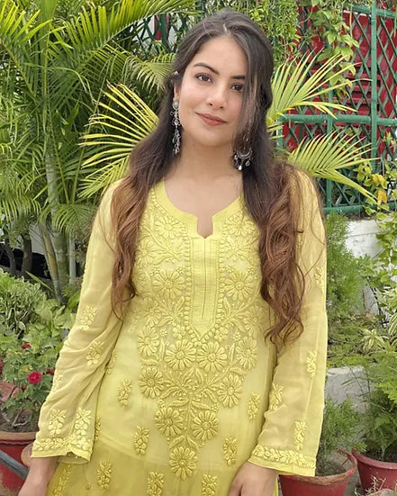 PARISHA YELLOW PREMIUM VISCOSE PURE HAN EMBROIDERED CHIKANKARI LONG KURTA