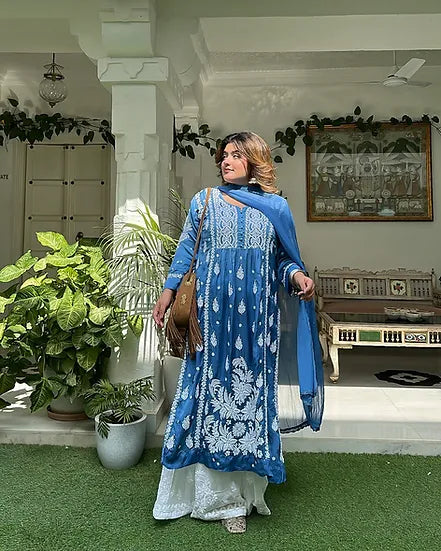 GULNAR BLUE PURE SATIN HAND EMBROIDERED A-LINE CHIKANKARI LONG KURTA+SHARARA+DUPPATTA SET