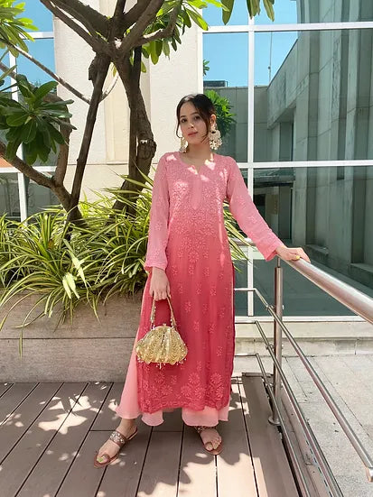 PARISHA PEACH PREMIUM VISCOSE PURE HAND EMBROIDERED CHIKANKARI LONG KURTA