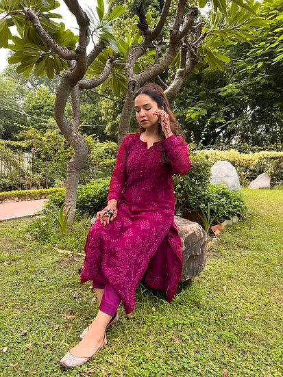 AANIA DEEP PINK PREMIUM VISCOSE PURE HAND EMBROIDERED CHIKANKARI LONG KURTA