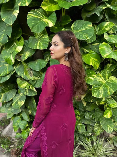 AANIA DEEP PINK PREMIUM VISCOSE PURE HAND EMBROIDERED CHIKANKARI LONG KURTA