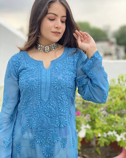 PARISHA BLUE PREMIUM VISCOSE PURE HAN EMBROIDERED CHIKANKARI LONG KURTA