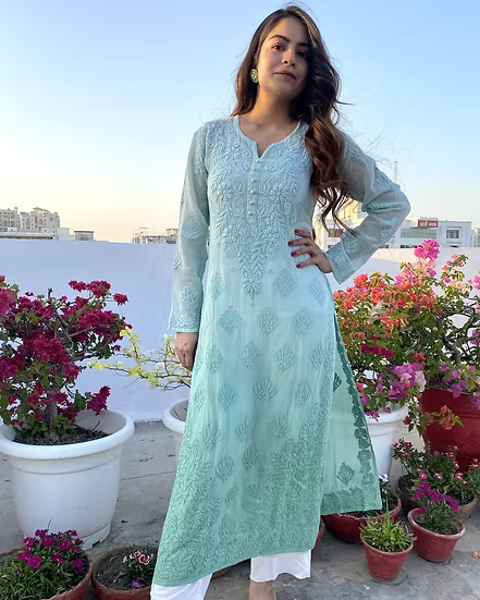 KULSUM SEA GREEN PREMIUM VISCOSE PURE HAND EMBROIDERED CHIKANKARI LONG KURTA