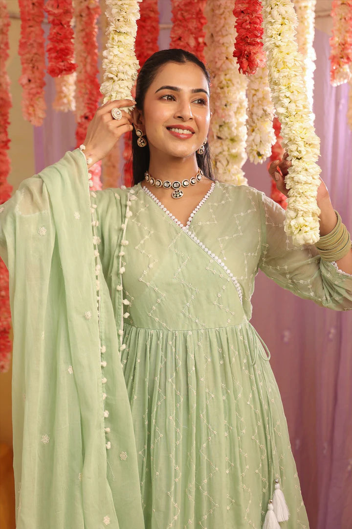 FANHA PISTA GREEN PURE MULMUL SEQUIN EMBROIDERED ANARKALI SET