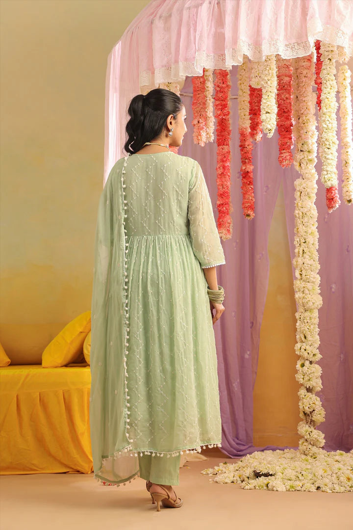 FANHA PISTA GREEN PURE MULMUL SEQUIN EMBROIDERED ANARKALI SET