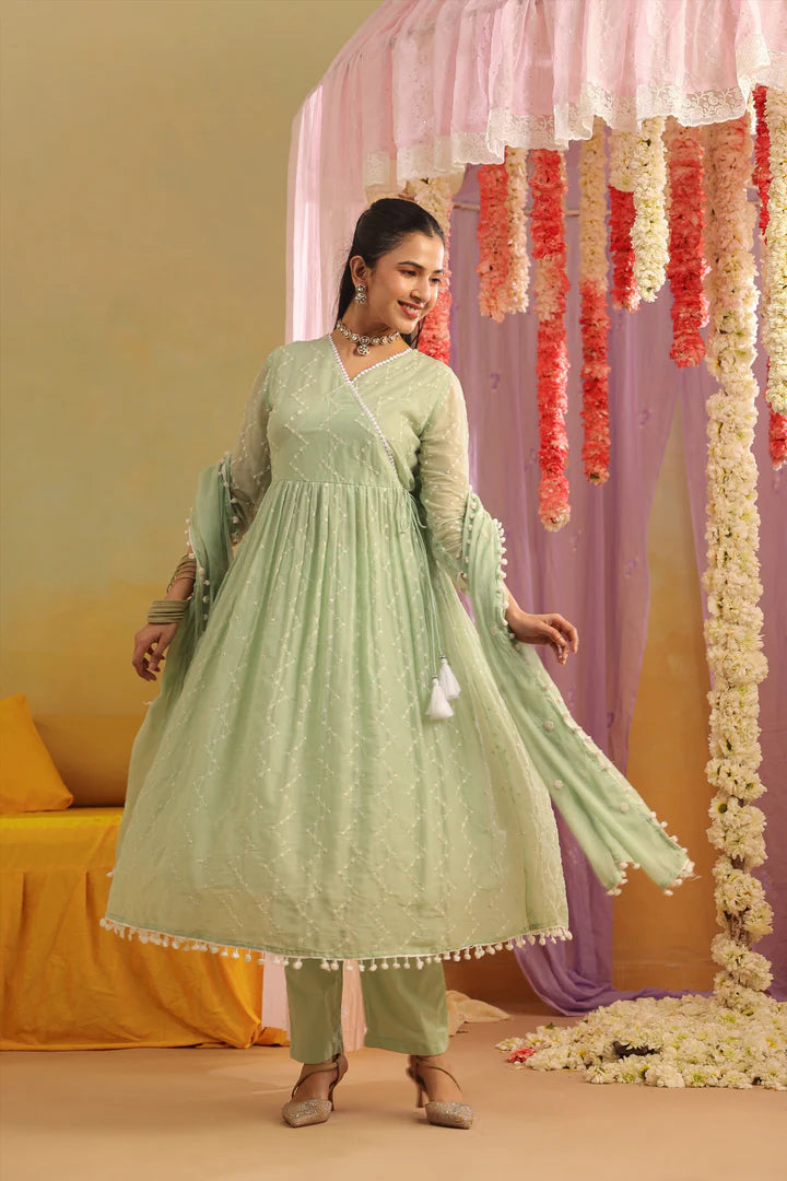 FANHA PISTA GREEN PURE MULMUL SEQUIN EMBROIDERED ANARKALI SET
