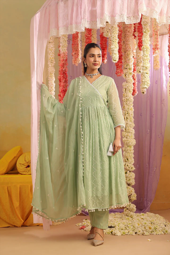 FANHA PISTA GREEN PURE MULMUL SEQUIN EMBROIDERED ANARKALI SET