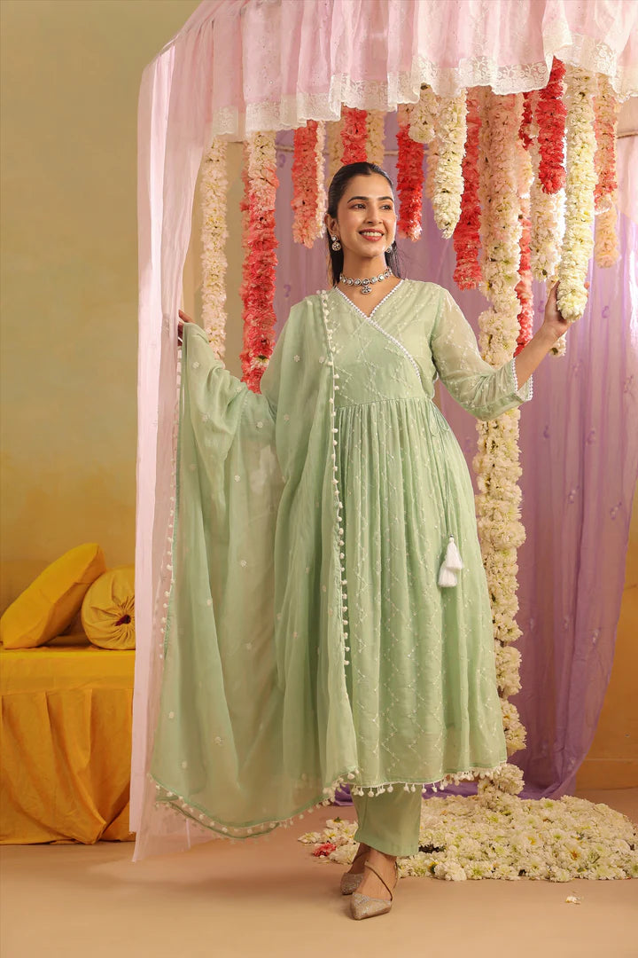 FANHA PISTA GREEN PURE MULMUL SEQUIN EMBROIDERED ANARKALI SET
