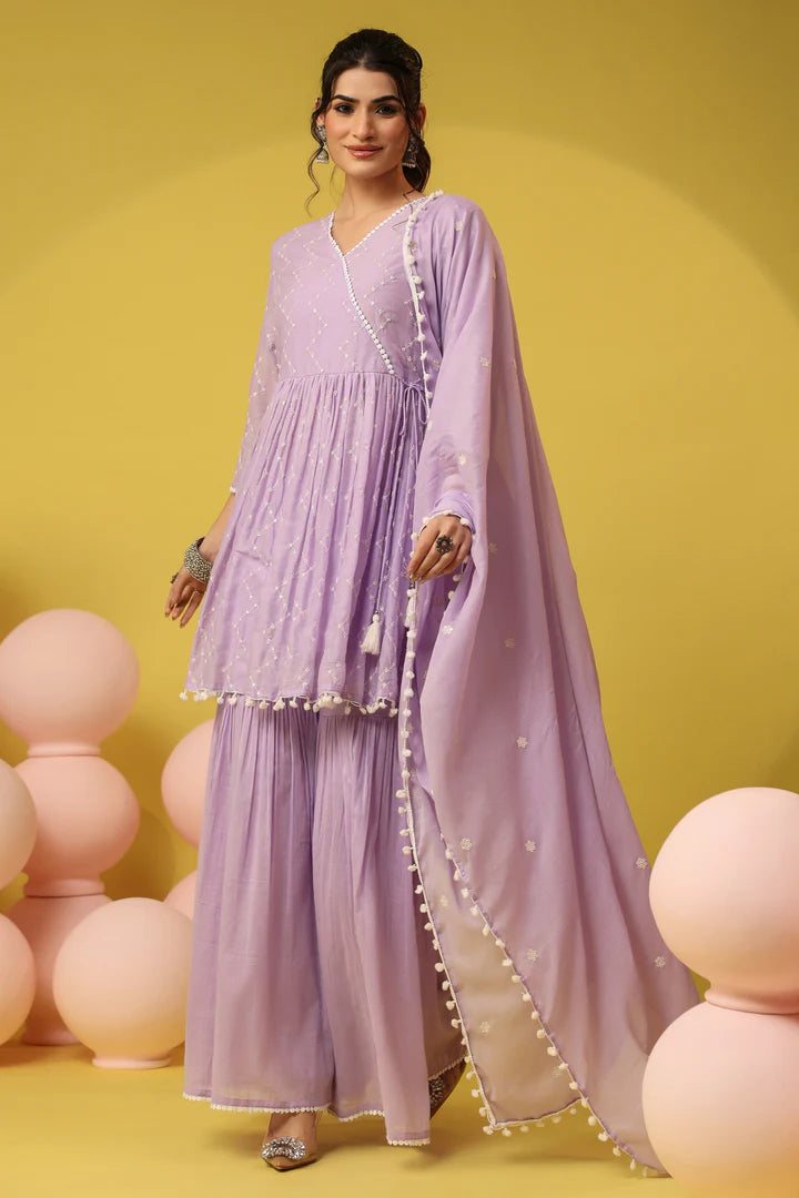 SAANJ LAVENDER MULMUL EMBROIDERED PEPLUM KURTI SHARARA SET