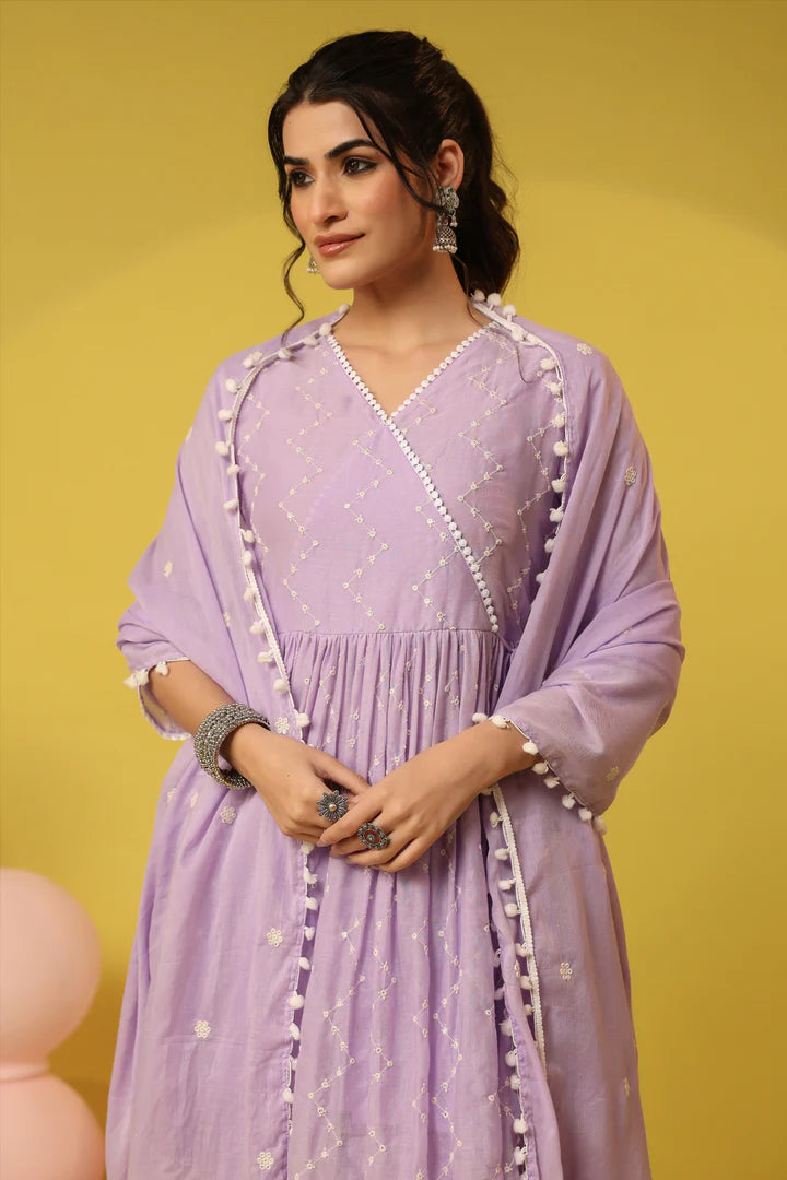 SAANJ LAVENDER MULMUL EMBROIDERED PEPLUM KURTI SHARARA SET