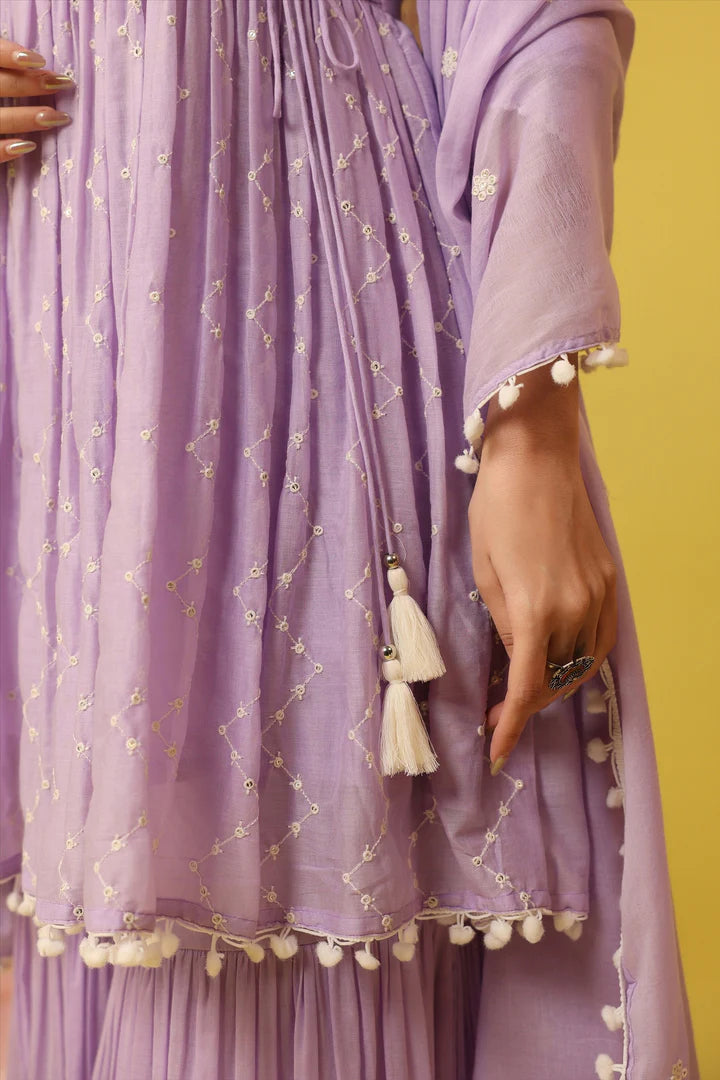 SAANJ LAVENDER MULMUL EMBROIDERED PEPLUM KURTI SHARARA SET