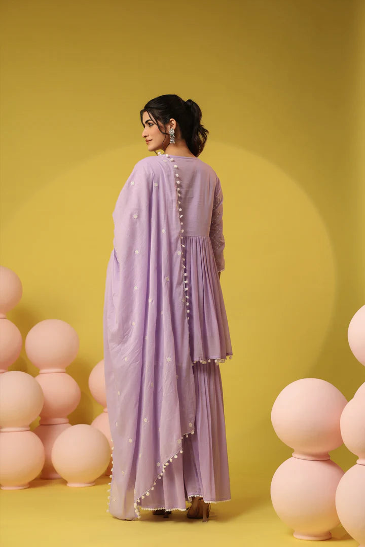 SAANJ LAVENDER MULMUL EMBROIDERED PEPLUM KURTI SHARARA SET