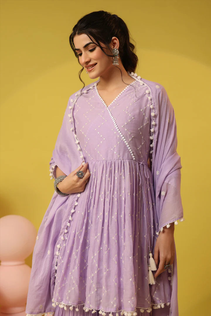 SAANJ LAVENDER MULMUL EMBROIDERED PEPLUM KURTI SHARARA SET