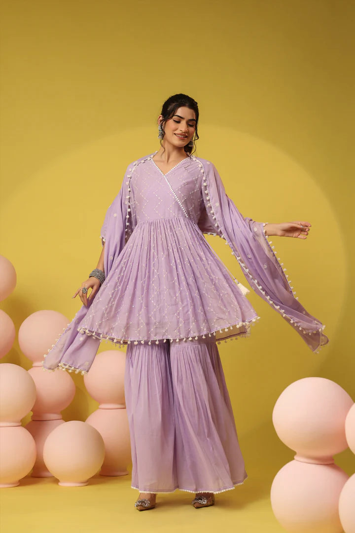 SAANJ LAVENDER MULMUL EMBROIDERED PEPLUM KURTI SHARARA SET