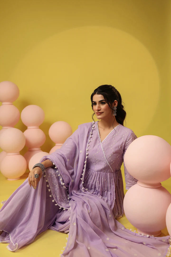 SAANJ LAVENDER MULMUL EMBROIDERED PEPLUM KURTI SHARARA SET