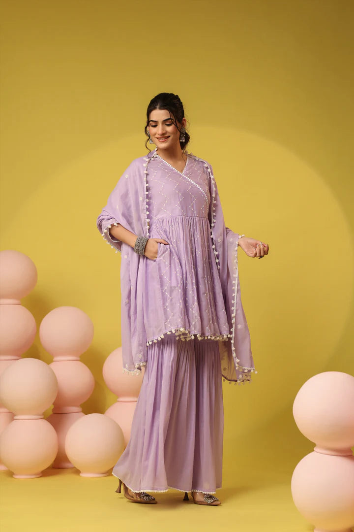 SAANJ LAVENDER MULMUL EMBROIDERED PEPLUM KURTI SHARARA SET
