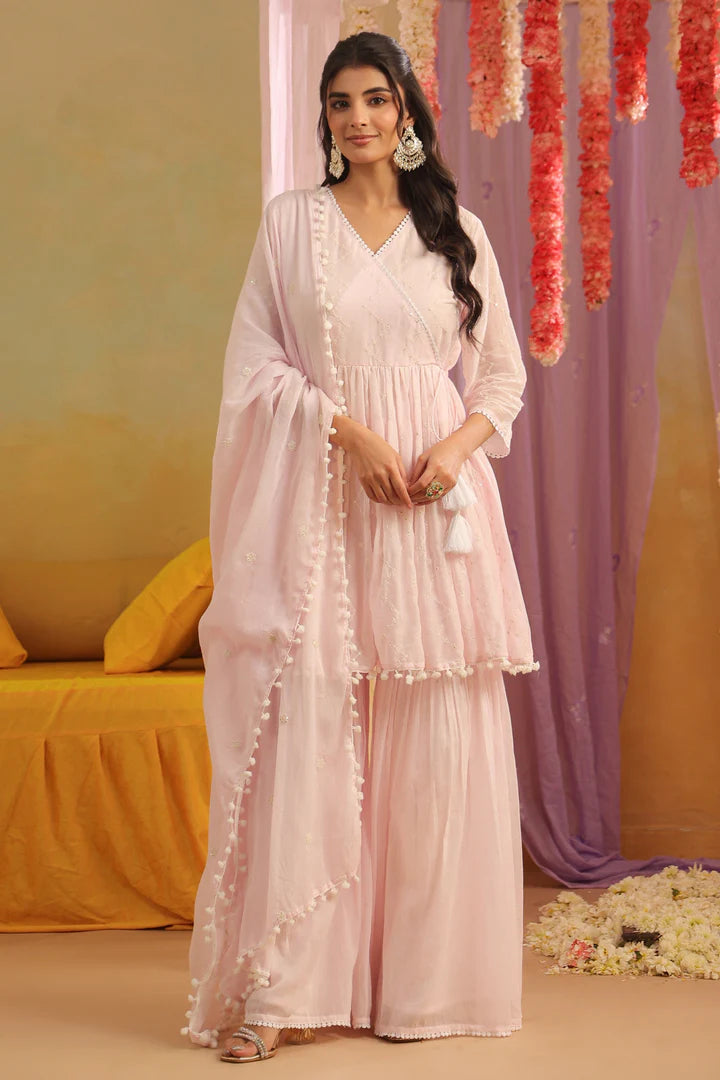 SAANJ PINK MULMUL EMBROIDERED PEPLUM KURTI SHARARA SET