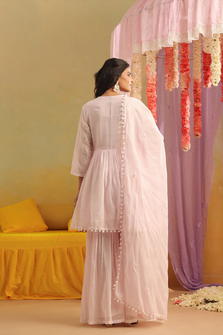 SAANJ PINK MULMUL EMBROIDERED PEPLUM KURTI SHARARA SET
