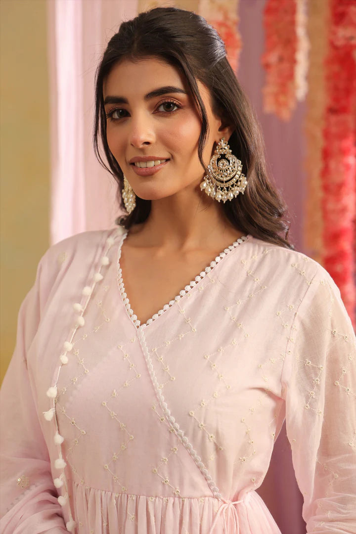 SAANJ PINK MULMUL EMBROIDERED PEPLUM KURTI SHARARA SET