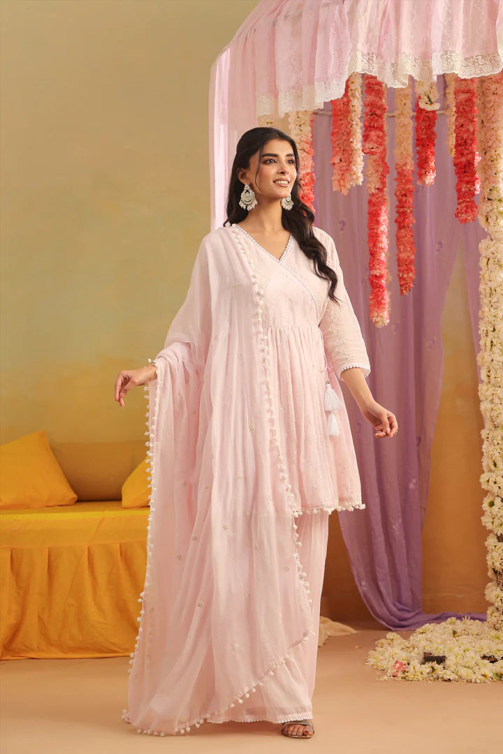 SAANJ PINK MULMUL EMBROIDERED PEPLUM KURTI SHARARA SET