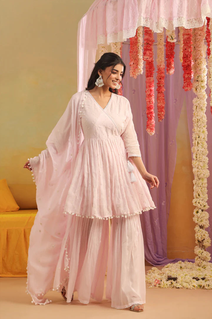 SAANJ PINK MULMUL EMBROIDERED PEPLUM KURTI SHARARA SET