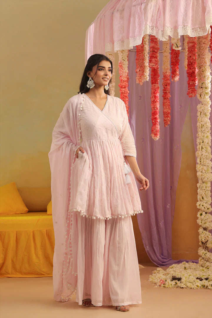 SAANJ PINK MULMUL EMBROIDERED PEPLUM KURTI SHARARA SET