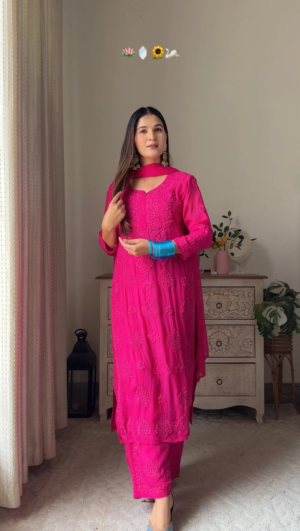 SWATI PREMIUM VISCOSE GEORGETTE 3D WORK HOT PINK STRAIGHT KURTA SET