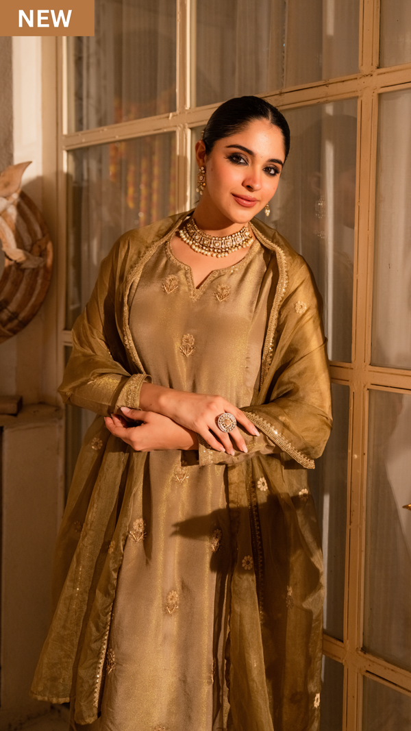 NAZAKAT DUSTY GOLD TISSUE SHIMMER SUIT SET