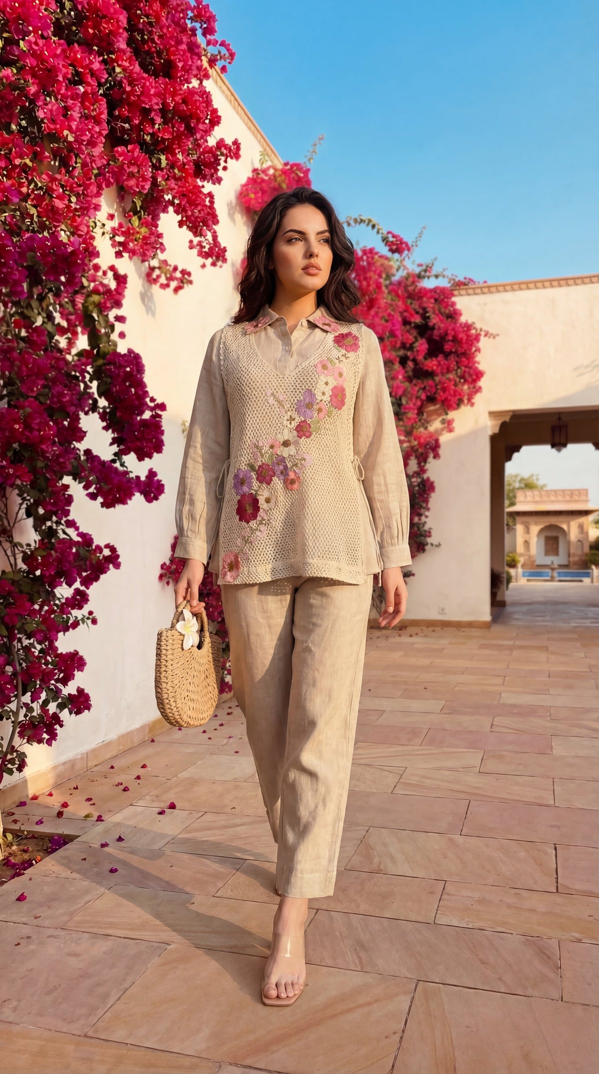 SHEFALI FLOWER JUTE COTTON SHIRT WITH COVERUP 3 PIECE CO-ORD SET
